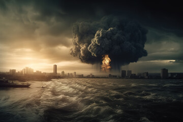 Terror, nuclear war. Big explosion in the city, puffs of black smoke