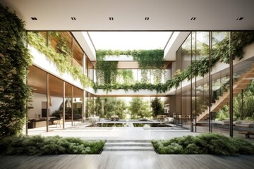 Expansive glass walls and lush indoor gardens in a contemporary luxury modern house. Generative AI