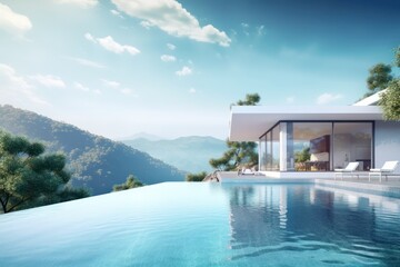 Fototapeta premium Infinity pool overlooking mountain landscape, luxurious modern house. Concept for real estate or property. Generative AI
