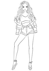 Fashion coloring book page girl in a casual outfit