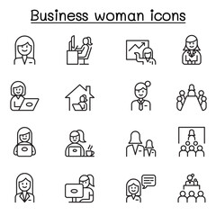 Business woman icon set in thin line style
