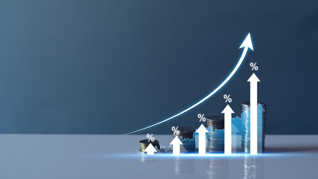 Interest rate and dividend concept. Businessman with percentage symbol and up arrow, Interest rates continue to increase, return on stocks and mutual funds, long term investment for retirement.