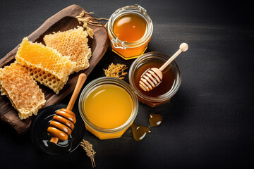 Honey with Honeycomb and Wooden Spoon, food, sweet, jar, dipper, isolated, liquid, healthy, glass, natural, yellow, bee, ingredient, organic, golden,