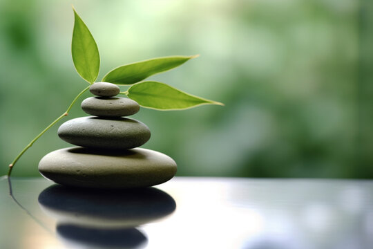 Stacked zen black stones with leaves, concept on meditation, concentration and healthy way of life. Ai generated wallpaper background with copy-space. Symbol for inner equilibrium and balance