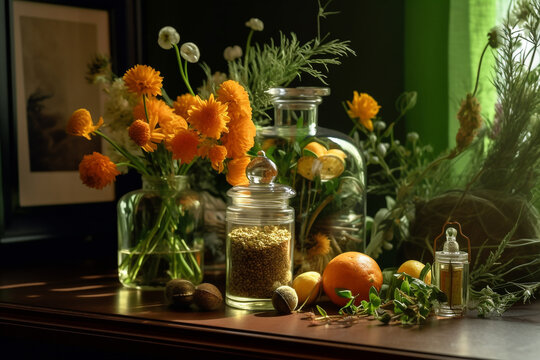 Still life of herbal products and flowers elegantly arranged on a table, ai generated advertising image for herbalist shops pharmacies and wellness centres