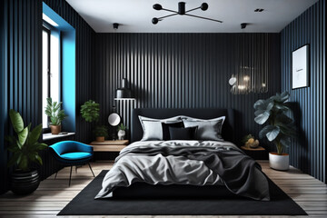 Interior of modern bedroom with dark blue walls, wooden floor, comfortable king size bed with black linens and blue bedside table. 3d rendering