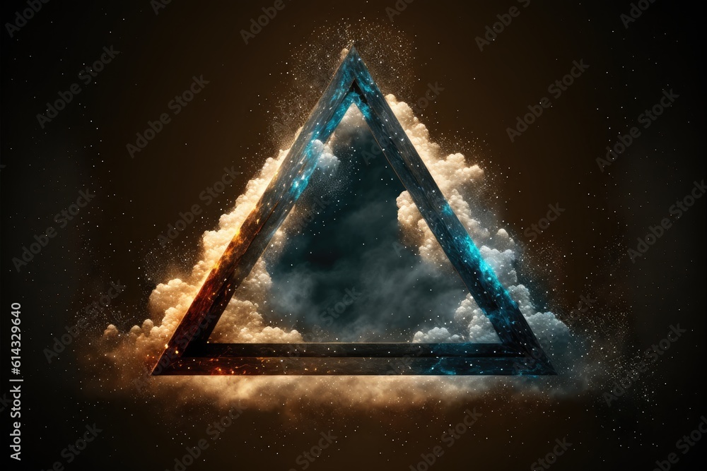 Poster abstract design of triangle shape clouds with dying colorful particles exploding. concept of mystery