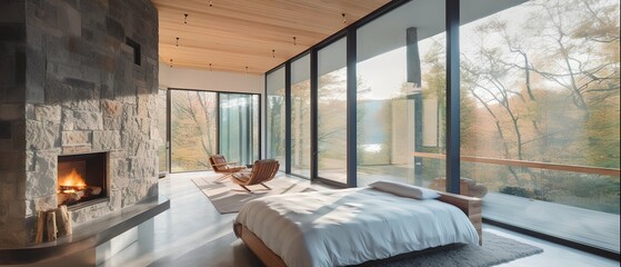 Sunny bedroom interior in natural scandinavian style