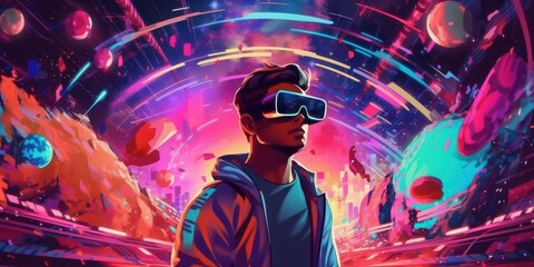 Obraz premium Man with VR Headset Exploring the Metaverse, Virtual Reality Glasses of Modern Technology. Generative Ai