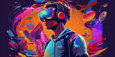 Man with VR Headset Exploring the Metaverse, Virtual Reality Glasses of Modern Technology. Generative Ai