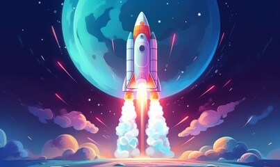 Rocket Launching to Space Background, Space Exploration Illustration. Generative Ai - obrazy, fototapety, plakaty