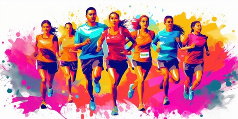 Marathon Running Colorful Illustration, Run For Healthy Life Concept. Generative Ai
