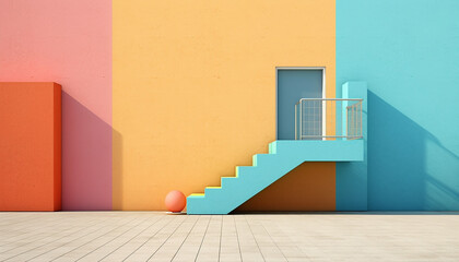 A colorful wall mockup with stairs, door,  plant. 3D illustration ai..