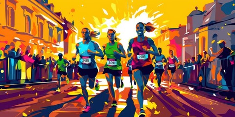 Marathon Running Colorful Illustration, Run For Healthy Life Concept. Generative Ai