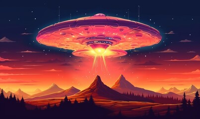 Unidentified Flying Object UFO Illustration, Alien Plate Hovering Over Background. Generative Ai