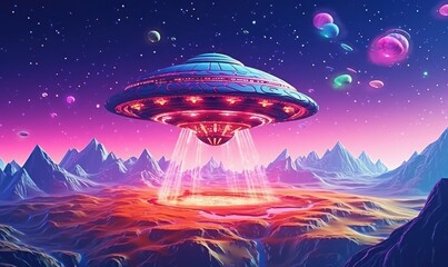 Fototapeta na wymiar Unidentified Flying Object UFO Illustration, Alien Plate Hovering Over Background. Generative Ai