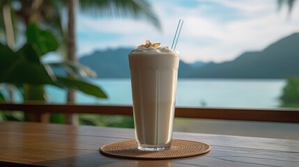 Classic Vanilla Milkshake On A Wooden Table Backdrop Of The Bergue Thailand Cafe. Generative AI