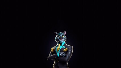 Going To A Casino A Cute Cartoon Panther In Suit Character Designs Black Background. Generative AI