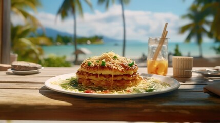 Okonomiyaki On A Wooden Table Backdrop Of The Bergue Thailand Cafe. Generative AI