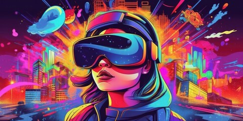 Woman with VR Headset Exploring the Metaverse, Virtual Reality Glasses of Modern Technology. Generative Ai