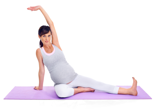 Stretching, yoga and portrait of a pregnant woman for fitness isolated on a transparent png background. Smile, health and a mother training with pilates, morning stretch or exercise during pregnancy