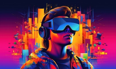 Woman with VR Headset Exploring the Metaverse, Virtual Reality Glasses of Modern Technology. Generative Ai