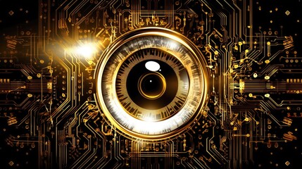 Biometric Authentication Eye Scanning Circuit Board Background Gold Black. Generative AI - obrazy, fototapety, plakaty