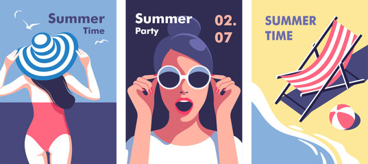 Summer time. Concept of vacation, party and travel. Young woman in red swimsuit on the beach. Portrait of beautiful woman with sunglasses. Sand beach with wooden chaise lounge. Vector illustration.