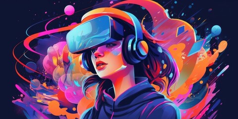 Naklejka premium Woman with VR Headset Exploring the Metaverse, Virtual Reality Glasses of Modern Technology. Generative Ai