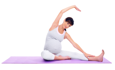 Stretching, yoga and portrait of a pregnant woman for health isolated on a transparent png background. Smile, workout and a mother training with pilates, morning stretch or exercise during pregnancy