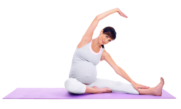 Stretching, yoga and portrait of a pregnant woman for health isolated on a transparent png background. Smile, workout and a mother training with pilates, morning stretch or exercise during pregnancy