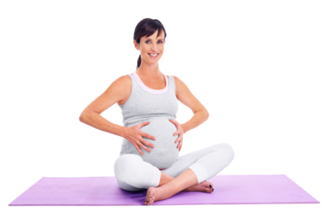 Pregnant, yoga and a woman with hands on stomach isolated on transparent, png background. Female model person smile on a mat to exercise for a healthy pregnancy, fitness or health and wellness