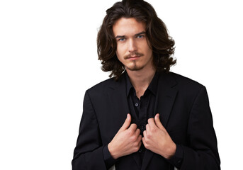 Man, cool portrait and modern fashion with confidence and suit isolated on a transparent, png...