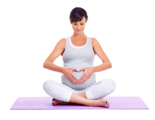 Pregnant woman, yoga and a heart shape on stomach isolated on transparent, png background. Female model person on a mat to exercise for a healthy pregnancy, fitness or health and wellness with love