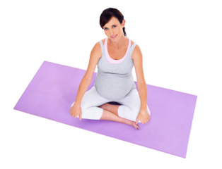 Pregnant, yoga and healthy exercise with a woman isolated on transparent, png background. Portrait of female model person on a mat to meditate for pregnancy health, fitness or wellness from above