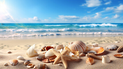 Fototapeta na wymiar Starfish and shells on the beach, summer seaside vacation background