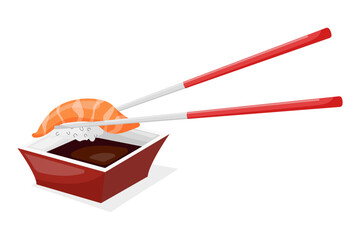 Vector flat cartoon illustration of sushi and sauce bowl.