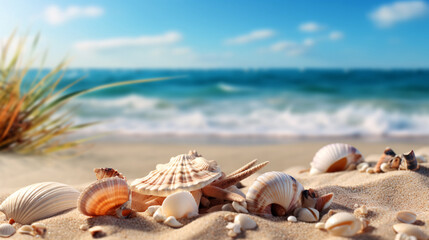 Fototapeta na wymiar Starfish and shells on the beach, summer seaside vacation background