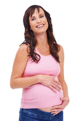 Portrait, smile and maternity with a pregnant woman isolated on a transparent background for motherhood. Mama, happy and pregnancy with a maternal young mother holding her stomach or abdomen on PNG