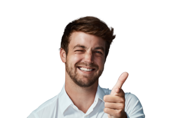 Portrait, pointing man wink and flirting isolated and against a transparent png background with a smile. Success or congratulations, face and male person with emoji hands for happiness or thank you
