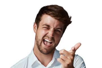 Portrait, pointing and man wink for flirting, silly and funny guy isolated against a transparent background. Face, male person or model with humor, hand gun or goofy gesture with png, mindset and joy