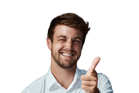 Portrait, pointing man wink and flirting isolated and against a transparent png background with a smile. Success or congratulations, face and male person with emoji hands for happiness or thank you