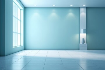 Blue wall in the interior with beautiful built-in lighting and a smooth floor. Generative AI