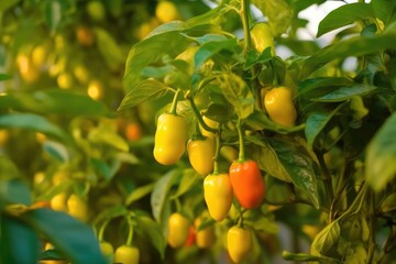 Growing sweet peppers in a greenhouse close-up. Generative AI