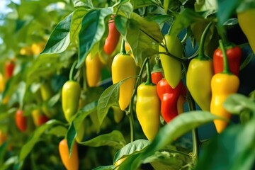 Growing sweet peppers in a greenhouse close-up. Generative AI