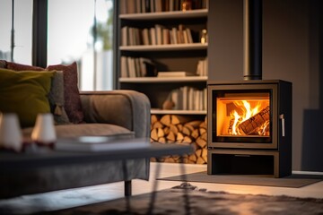 Room with fireplace and roaring fire. Generative AI