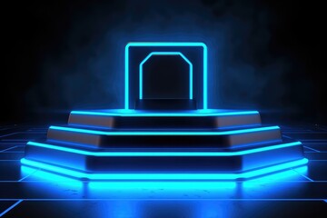 Modern futuristic podium with neon blue lighting for product presentation. Generative AI