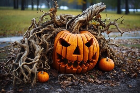 Spooky halloween pumpkin carving. Generative AI