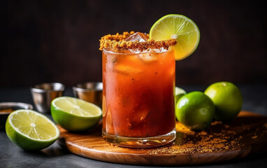 Fototapeta premium Michelagua or michelada glass with a slice of lime on the top. Mexican cold summer drink and beverage