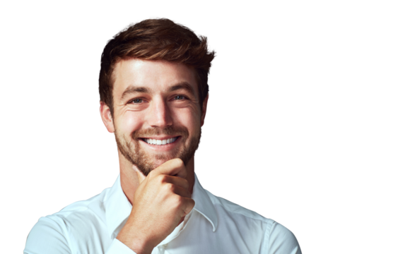 Business, man and portrait of thinking of an idea with a hand on face isolated, transparent or png background. Solution, person with innovation, strategy or businessman with a question or planning